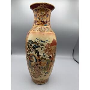 Vintage Satsuma Style Japanese Vase Gold Gilt Raised Enamel Figures 12”